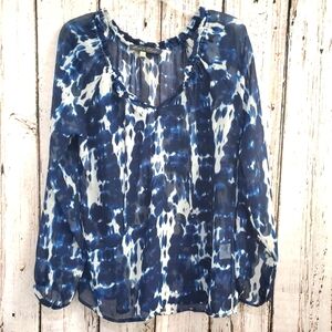 Women's Medium Rose & Olive Sheer Blue & White Peasant Blouse Shirt Top EUC